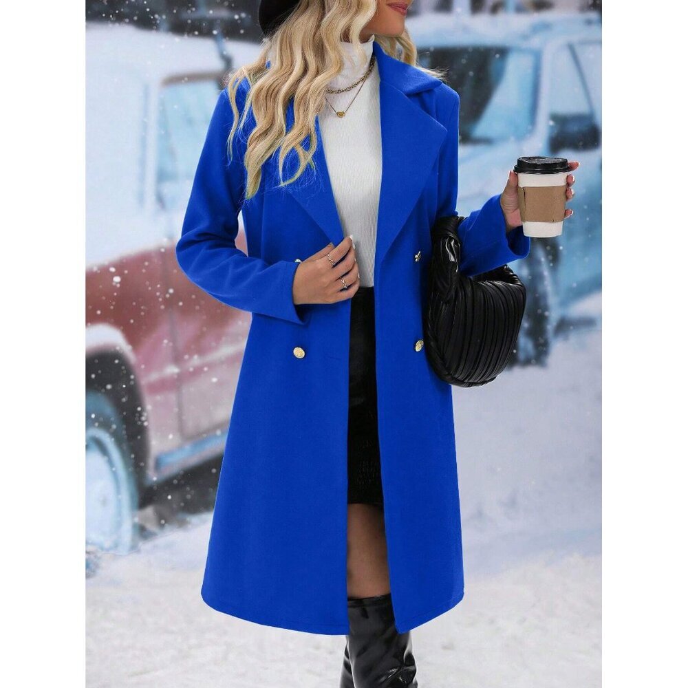 Long line lapel collar peacoat pea coat jacket royal blue gold button - Picture 1 of 3